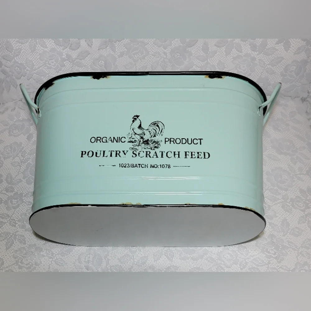 Large Farmhouse Metal Poultry Feed Bin – Rustic Chicken Coop Storage Decor 20.5”